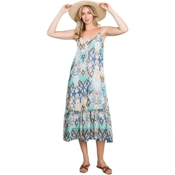 NWT Sleeveless Boho Ruffle Printed Woven Blue Green Cami Maxi Dress - Picture 6 of 12